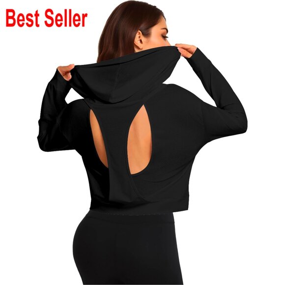 Tops - Backless Cropped Hoodie Open Back Workout Activewear Pullover Long Sleeve